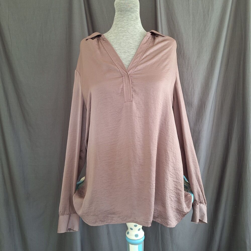 XL LOFT Brushed Satin Brownish Tunic Collared Long Sleeve Blouse Officecore